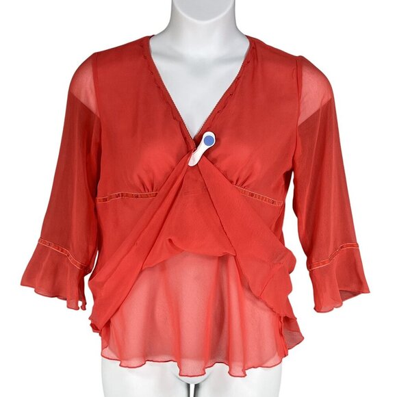 Y2K 90s Babydoll Top Womens L Red Chiffon Blouse 3/4 Bell Sleeve Sheer Ruffle - Picture 4 of 15